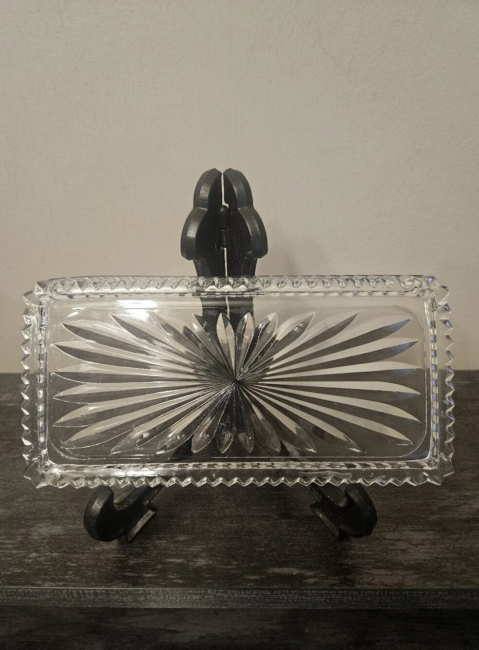 3 VTG Clear Pressed Glass Starburst Rectangular Trinket Dishes / Relish Trays